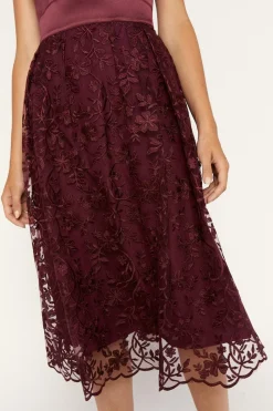 Online Oasis Satin Bodice Organza Midi Dress Burgundy