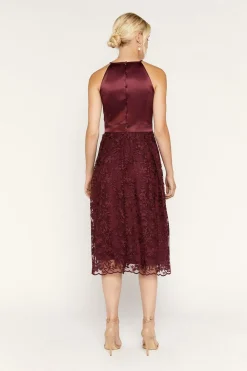 Online Oasis Satin Bodice Organza Midi Dress Burgundy