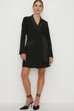 Sale Oasis Satin Collar Wrap Crepe Blazer Dress Black