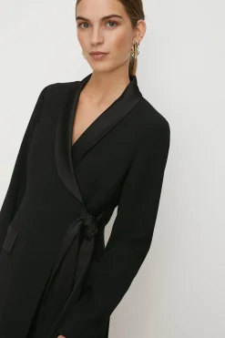 Sale Oasis Satin Collar Wrap Crepe Blazer Dress Black