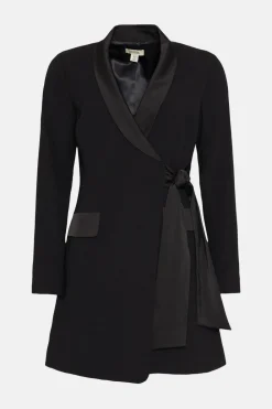 Sale Oasis Satin Collar Wrap Crepe Blazer Dress Black