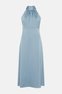 Online Oasis Satin Halter Neck Midi Dress Blue