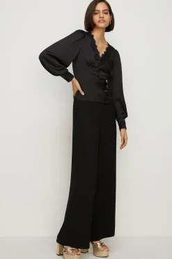 Discount Oasis Satin Lace Trim Button Front Tea Top Black