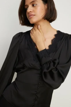 Discount Oasis Satin Lace Trim Button Front Tea Top Black