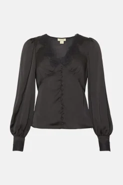 Discount Oasis Satin Lace Trim Button Front Tea Top Black