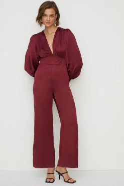 Online Oasis Satin Plunge Neck Balloon Sleeve Jumpsuit Berry