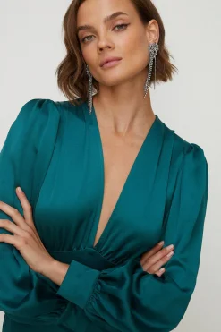 Fashion Oasis Satin Plunge Neck Balloon Sleeve Jumpsuit Emerald