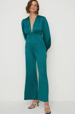 Fashion Oasis Satin Plunge Neck Balloon Sleeve Jumpsuit Emerald