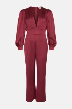 Online Oasis Satin Plunge Neck Balloon Sleeve Jumpsuit Berry