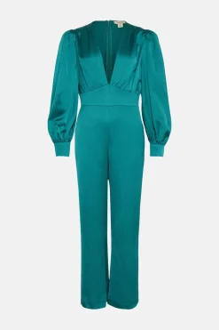 Fashion Oasis Satin Plunge Neck Balloon Sleeve Jumpsuit Emerald