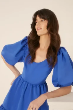 Fashion Oasis Satin Puff Sleeve Skater Dress Cobalt