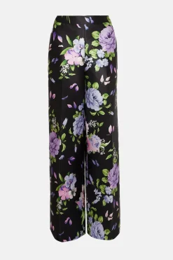 Hot Oasis Satin Twill Floral Wide Leg Trouser Black