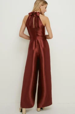 Sale Oasis Satin Twill Halterneck Wide Leg Jumpsuit Hot Pink