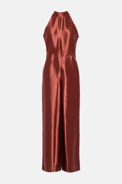 Sale Oasis Satin Twill Halterneck Wide Leg Jumpsuit Hot Pink