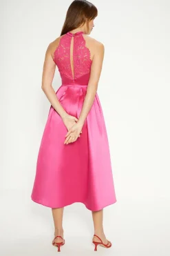 New Oasis Satin Twill Lace Back Midi Dress Pink
