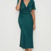 Fashion Oasis Satin Twist Front Angel Sleeve Midi Dress Navy