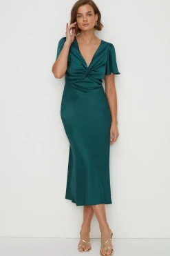 Fashion Oasis Satin Twist Front Angel Sleeve Midi Dress Navy