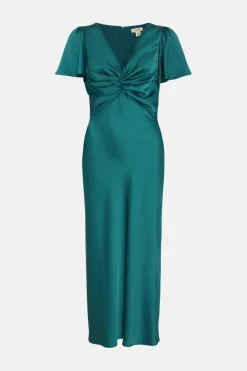 Fashion Oasis Satin Twist Front Angel Sleeve Midi Dress Navy
