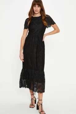 Hot Oasis Scallop Lace Full Skirted Angel Sleeve Midi Dress Black