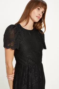 Hot Oasis Scallop Lace Full Skirted Angel Sleeve Midi Dress Black