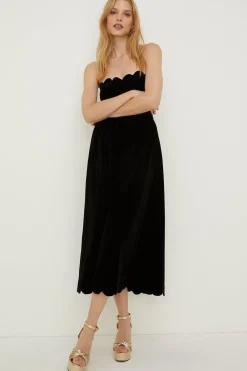 Sale Oasis Scalloped Velvet Midi Dress Black