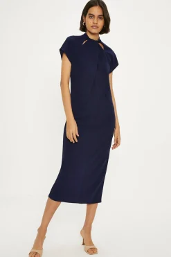 Sale Oasis Scuba Crepe Twist Neck Dress Navy