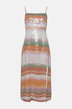 New Oasis Sequin Blurred Stripe Strappy Midi Dress Multi