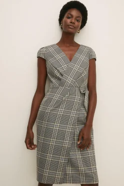 Sale Oasis Sequin Check Cap Sleeve Wrap Dress Grey