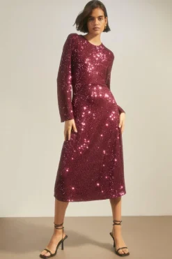 Online Oasis Sequin Crew Neck Midi Dress Purple