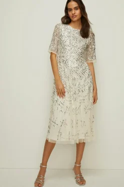 Best Oasis Sequin Criss Cross Midi Occasion Dress Cream