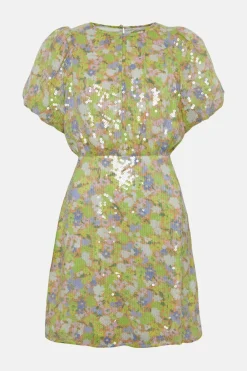 Clearance Oasis Sequin Ditsy Puff Sleeve Aline Dress Lime