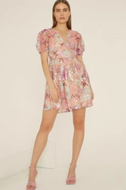 Outlet Oasis Sequin Embroidered Floral Mesh V Neck Skater Dress Nude