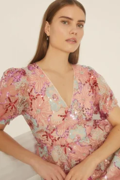 Outlet Oasis Sequin Embroidered Floral Mesh V Neck Skater Dress Nude