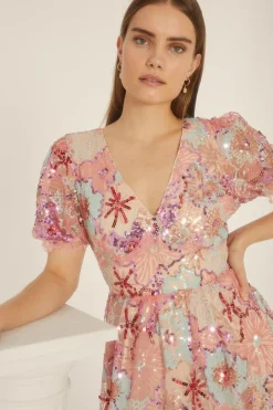 Sale Oasis Sequin Embroidered Floral Mesh V Neck Maxi Dress Nude