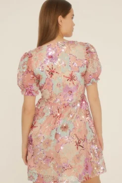 Outlet Oasis Sequin Embroidered Floral Mesh V Neck Skater Dress Nude