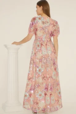 Sale Oasis Sequin Embroidered Floral Mesh V Neck Maxi Dress Nude