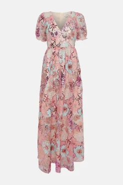 Sale Oasis Sequin Embroidered Floral Mesh V Neck Maxi Dress Nude