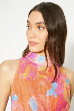 Online Oasis Sequin Floral Halter Neck Midi Dress Pink