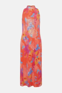 Online Oasis Sequin Floral Halter Neck Midi Dress Pink