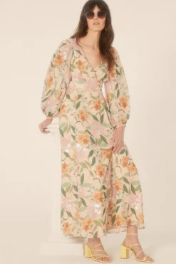 Hot Oasis Sequin Floral V Neck Midi Dress Nude