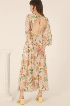 Hot Oasis Sequin Floral V Neck Midi Dress Nude