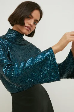 Discount Oasis Sequin Funnel Neck Flared Sleeve Top Multi