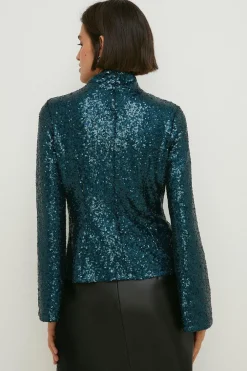 Discount Oasis Sequin Funnel Neck Flared Sleeve Top Multi
