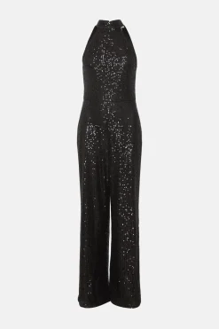 Fashion Oasis Sequin High Neck Jumpsuit Black