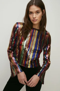 Sale Oasis Sequin Stripe Scoop Back Top Multi