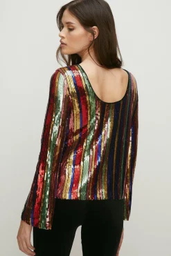 Sale Oasis Sequin Stripe Scoop Back Top Multi