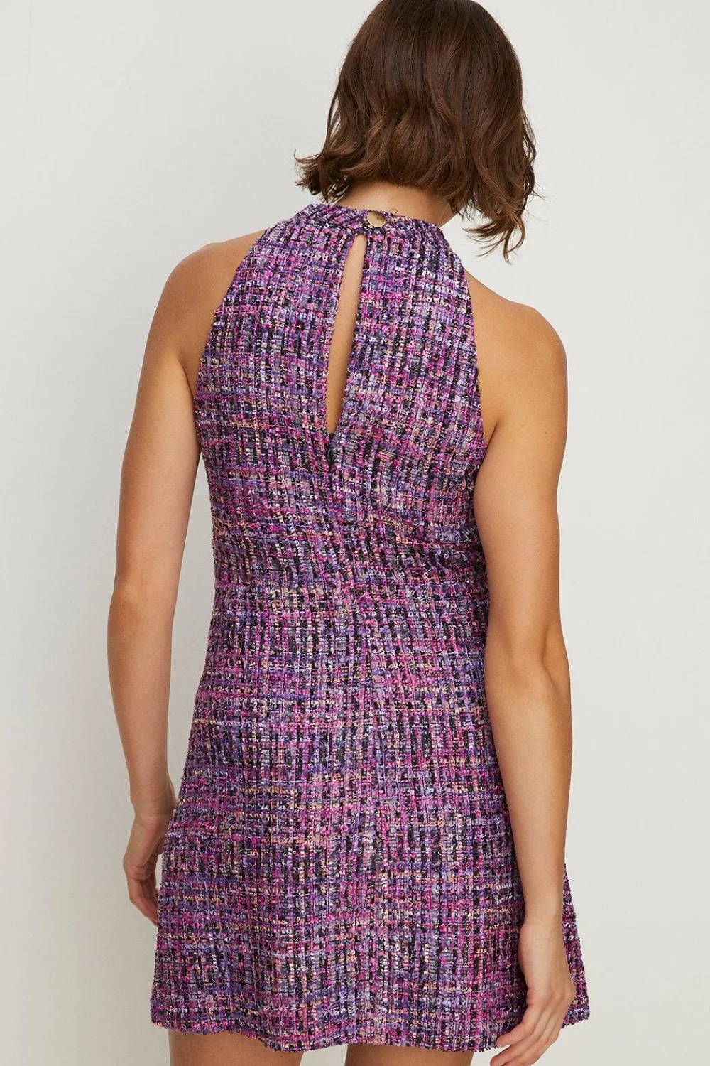 Best Oasis Sequin Tweed Halter Mini Dress Purple