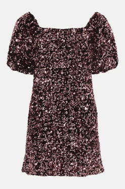 Fashion Oasis Sequin Velvet Bardot Mini Dress Pink