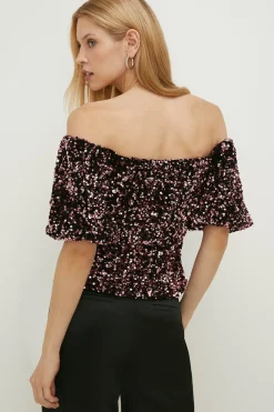 Best Oasis Sequin Velvet Bardot Top Pink