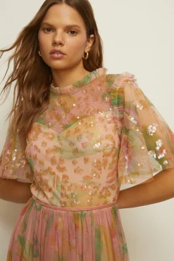 Fashion Oasis Sequin Watercolour Mesh Maxi Dress Apricot